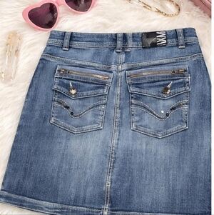 Y2K Denim Mini Skirt Size 14 Embellished Back Pockets Zipper Detail